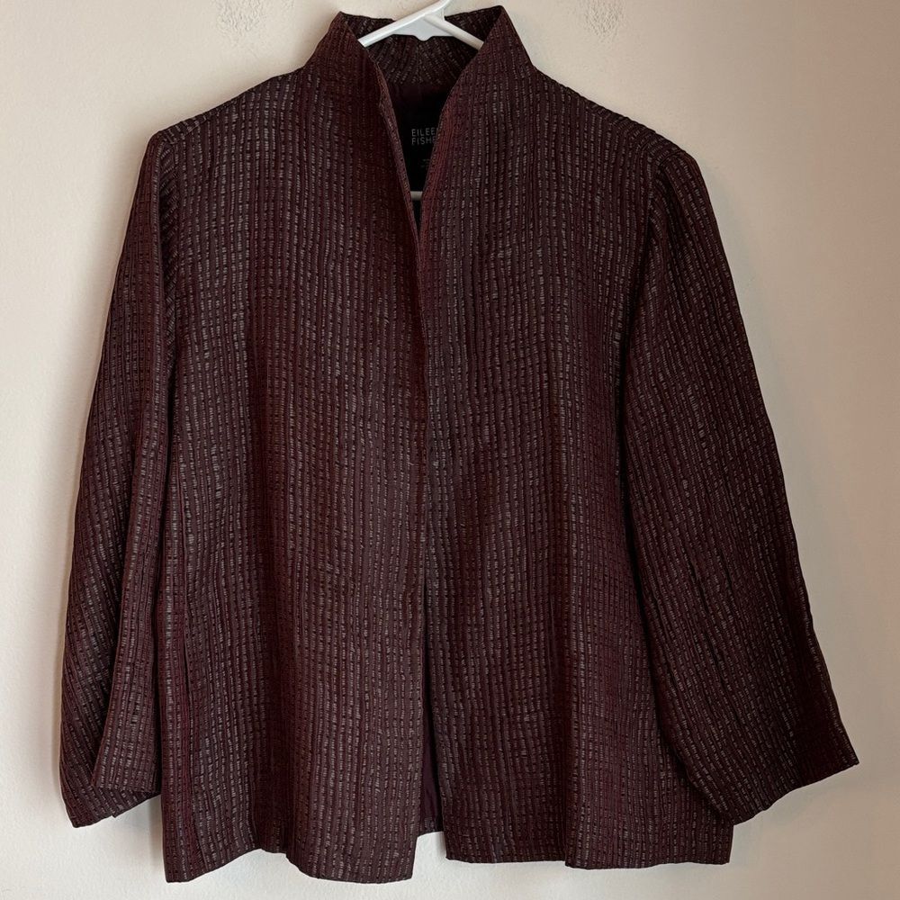 Eileen Fisher 100% silk open front Elegant Burgundy Women's blazer Jacket small